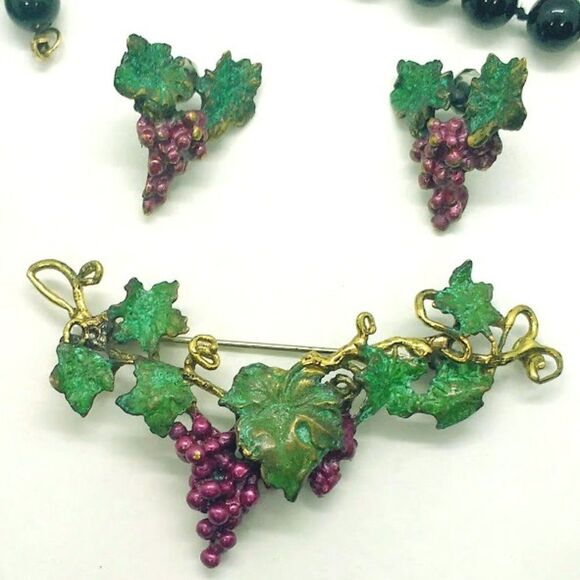 Vintage Richard Kaish Grape Vine Necklace Earrings Brooch Wine Theme Beads - Picture 3 of 5